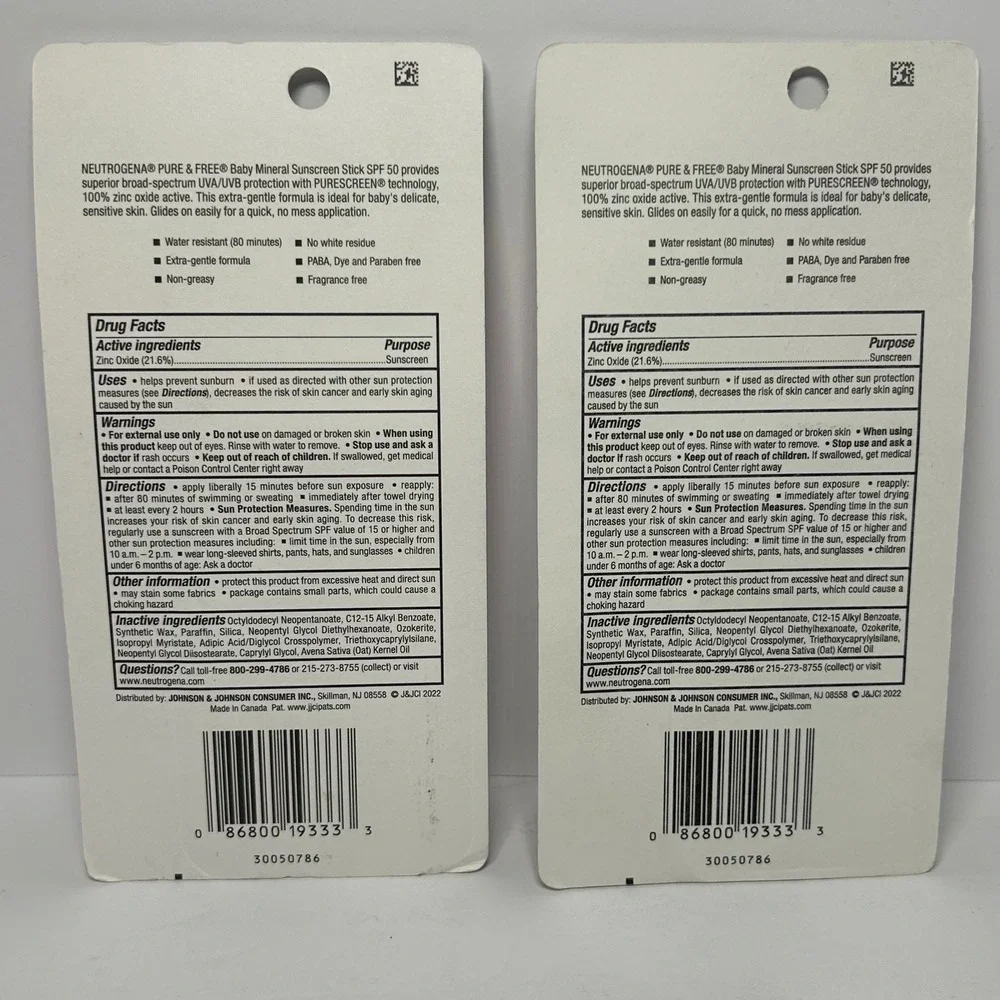 2pk Neutrogena Pure & Free Baby Zinc Oxide Sunscreen Stick SPF 50 0.47oz 13g